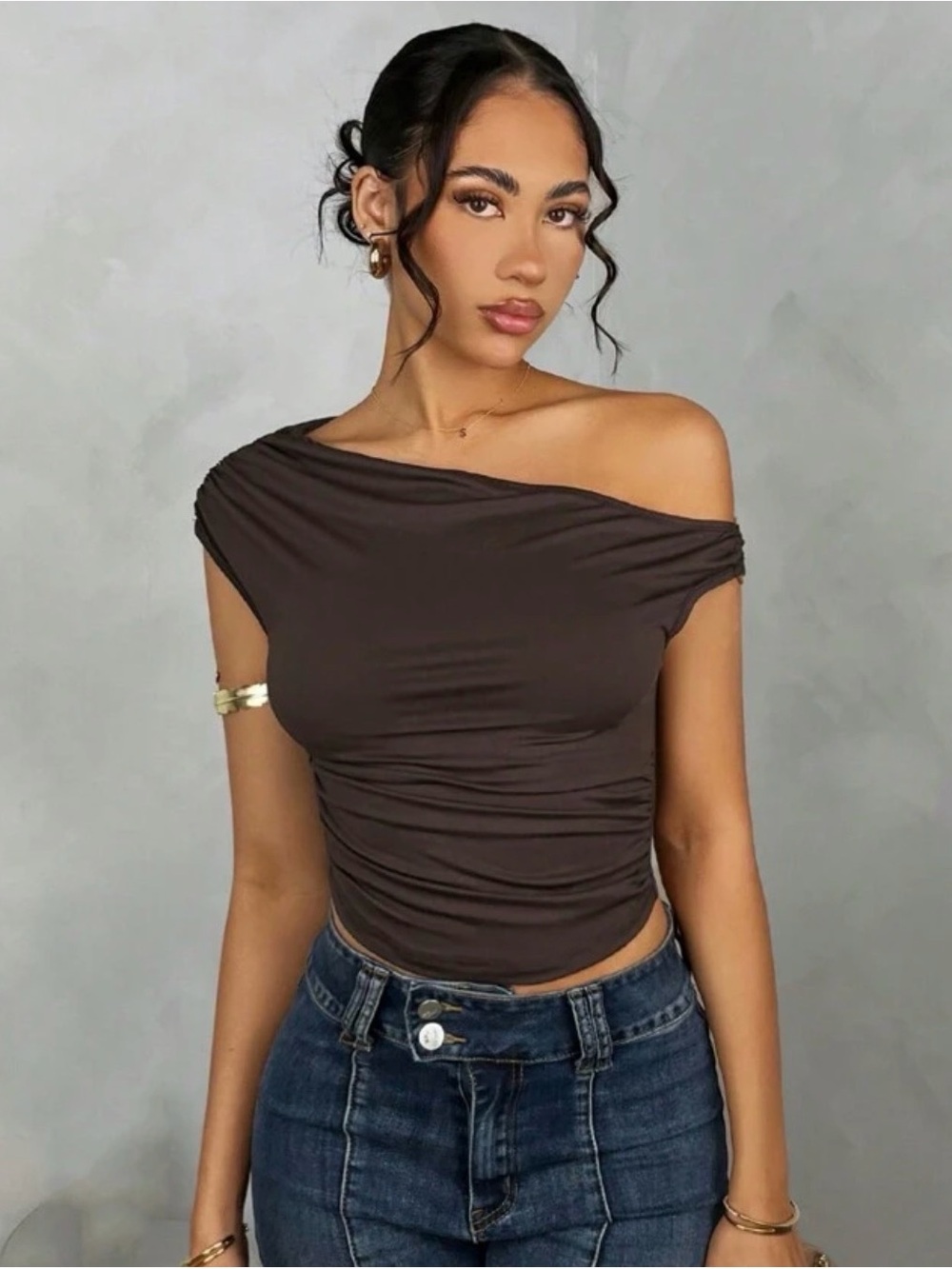 SHEIN Chocolate Brown Off-Shoulder Ruched Crop Top